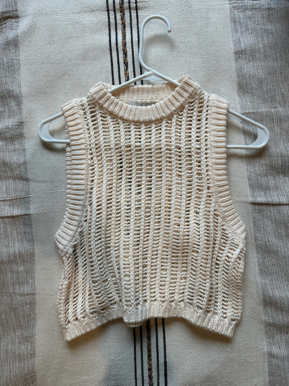 Open Knit Sleeveless Cream Sweater Top